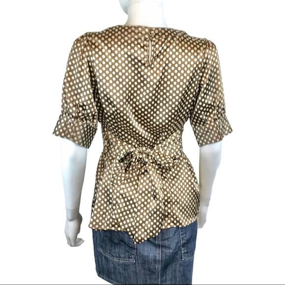 BCBGMaxazria Satin Polka Dot Blouse Brown & Ivory Peep Hole - Picture 3 of 4